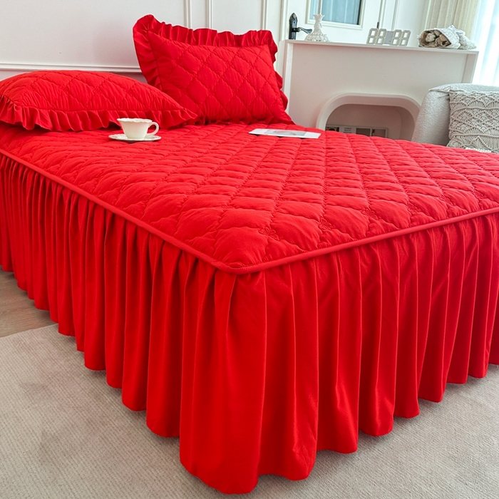 91家纺网 家纺一手货源 找家纺 2025新款蝴蝶飞飞系列 A类亲肤棉夹棉床笠式床裙四件套 大红