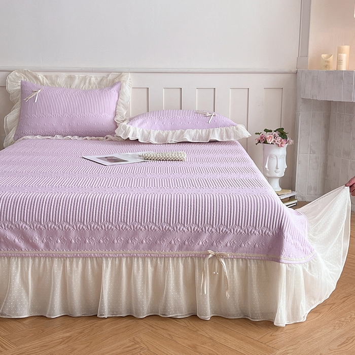 91家纺网 家纺一手货源 找家纺 蓝邻家纺 2025年新款PE提花海岛皱花边织带款凉席系列 羽希-浅紫