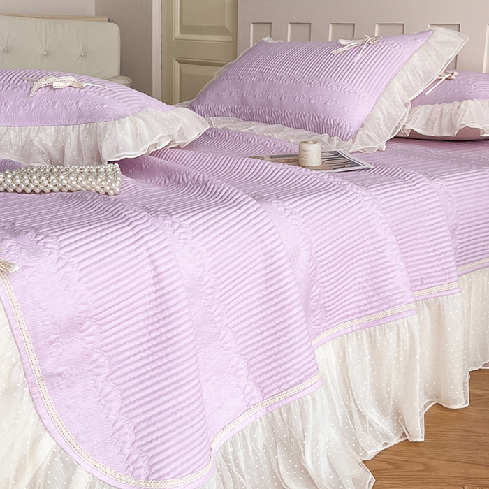 91家纺网 家纺一手货源 找家纺 蓝邻家纺 2025年新款PE提花海岛皱花边织带款凉席系列 羽希-浅紫