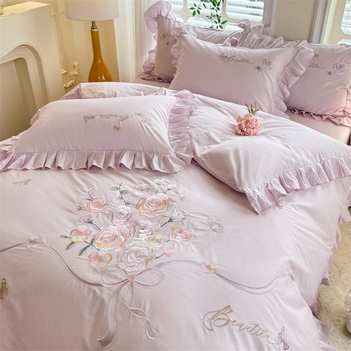 91家纺网 家纺一手货源 找家纺 绒棉世家 2025新款韩版贴布绣刺绣四件套-花蔓 花蔓-雅紫