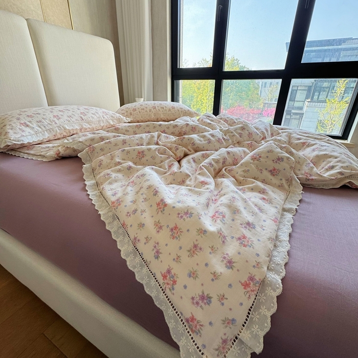 91家纺网 家纺一手货源 找家纺 8+8 （花型持续更新中）2025新款全棉双层纱镂空花边/皱皱花边四件套 梦露