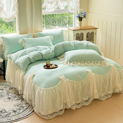 91家纺网 家纺一手货源 找家纺 睡美人 2025年锦棉糯糯棉蕾丝公主款双层纱被套床裙四件套 翩翩起舞-嫩芽绿