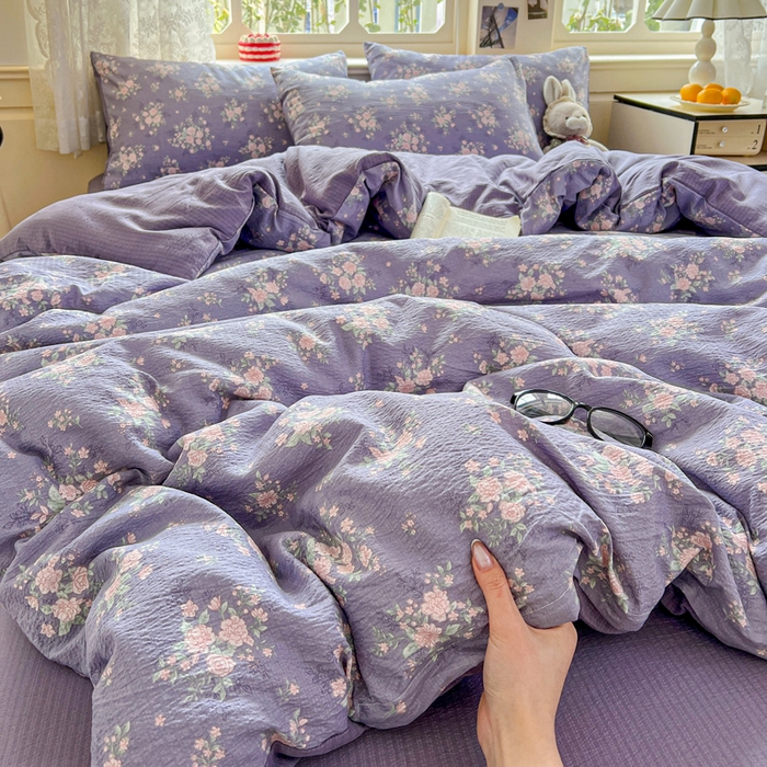 91家纺网 家纺一手货源 找家纺 仟网汇 2025新款云感皱皱纱简单款四件套豆蔻