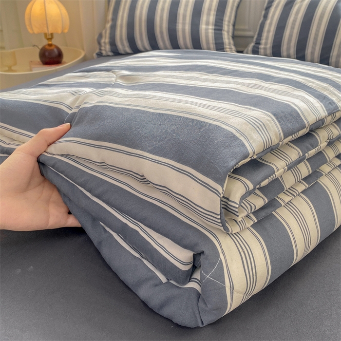 慕木家纺 2025新款条纹简约无印风水洗棉夏被夏凉被空调被四件套 天竺蓝灰+深灰