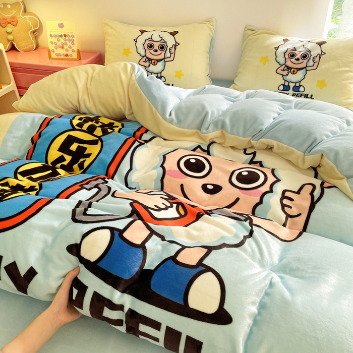 91家纺网 家纺一手货源 找家纺 （总）鸿森林 2025新款牛奶绒大版数码印花喜羊羊与灰太狼系列四件套