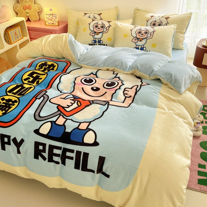 91家纺网 家纺一手货源 找家纺 （总）鸿森林 2025新款牛奶绒大版数码印花喜羊羊与灰太狼系列四件套