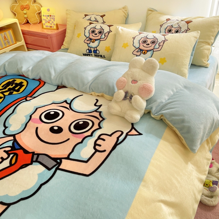 91家纺网 家纺一手货源 找家纺 （总）鸿森林 2025新款牛奶绒大版数码印花喜羊羊与灰太狼系列四件套