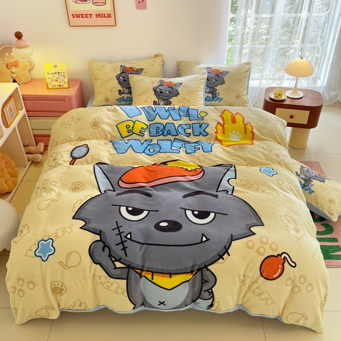 91家纺网 家纺一手货源 找家纺 （总）鸿森林 2025新款牛奶绒大版数码印花喜羊羊与灰太狼系列四件套