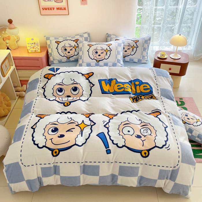 91家纺网 家纺一手货源 找家纺 （总）鸿森林 2025新款牛奶绒大版数码印花喜羊羊与灰太狼系列四件套