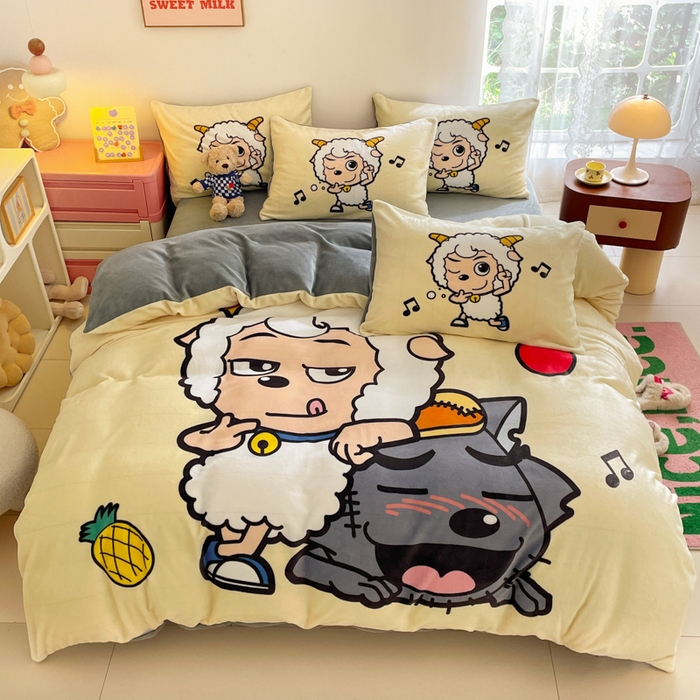 91家纺网 家纺一手货源 找家纺 （总）鸿森林 2025新款牛奶绒大版数码印花喜羊羊与灰太狼系列四件套