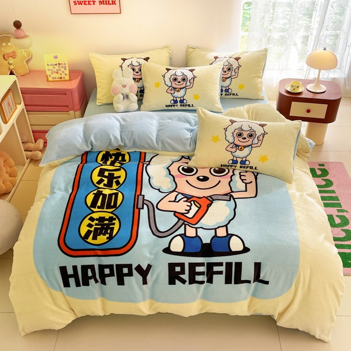 鸿森林 2025新款牛奶绒大版数码印花喜羊羊与灰太狼系列四件套 快乐加满