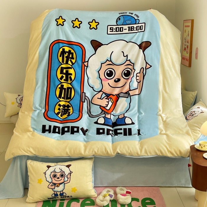 91家纺网 家纺一手货源 找家纺 鸿森林 2025新款牛奶绒大版数码印花喜羊羊与灰太狼系列四件套 快乐加满