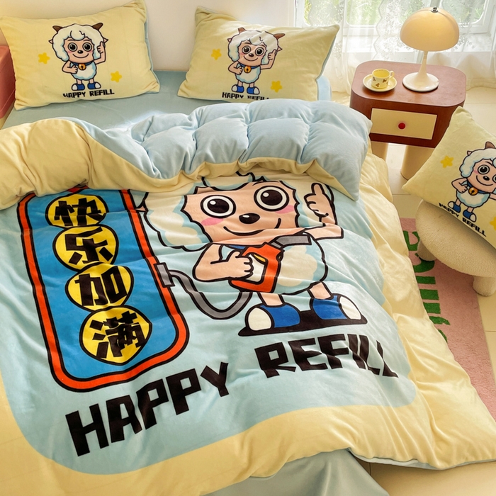 91家纺网 家纺一手货源 找家纺 鸿森林 2025新款牛奶绒大版数码印花喜羊羊与灰太狼系列四件套 快乐加满