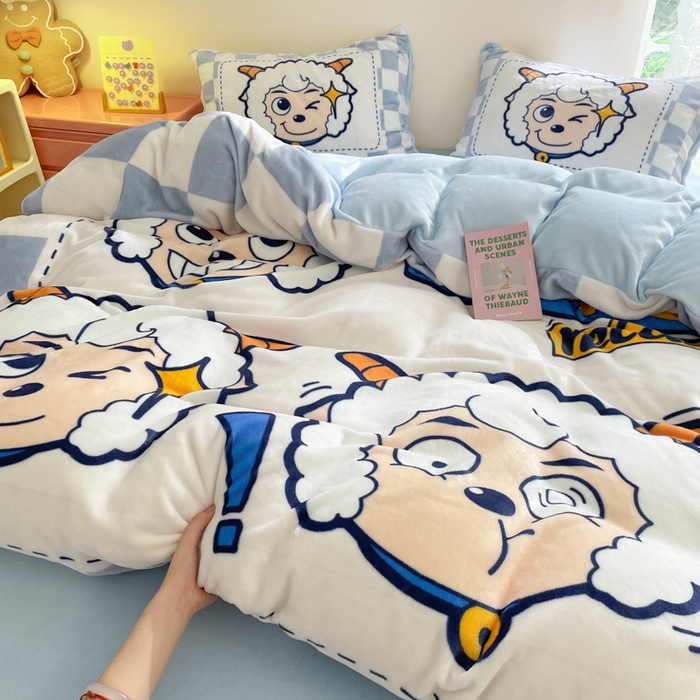 91家纺网 家纺一手货源 找家纺 鸿森林 2025新款牛奶绒大版数码印花喜羊羊与灰太狼系列四件套 乐滋滋