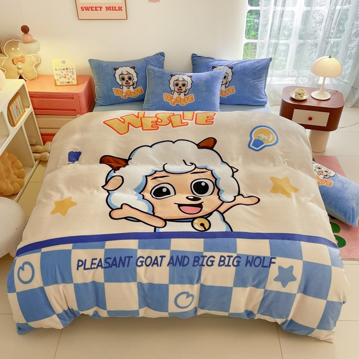 鸿森林 2025新款牛奶绒大版数码印花喜羊羊与灰太狼系列四件套 梦想小羊