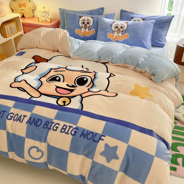 91家纺网 家纺一手货源 找家纺 鸿森林 2025新款牛奶绒大版数码印花喜羊羊与灰太狼系列四件套 梦想小羊