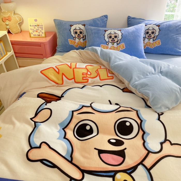 91家纺网 家纺一手货源 找家纺 鸿森林 2025新款牛奶绒大版数码印花喜羊羊与灰太狼系列四件套 梦想小羊