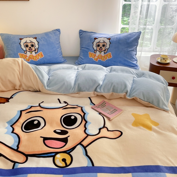 91家纺网 家纺一手货源 找家纺 鸿森林 2025新款牛奶绒大版数码印花喜羊羊与灰太狼系列四件套 梦想小羊