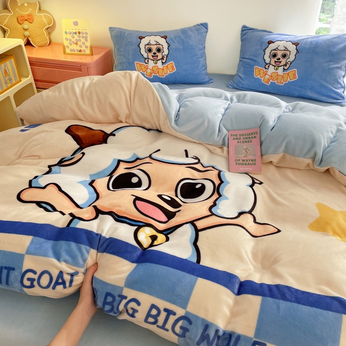 91家纺网 家纺一手货源 找家纺 鸿森林 2025新款牛奶绒大版数码印花喜羊羊与灰太狼系列四件套 梦想小羊