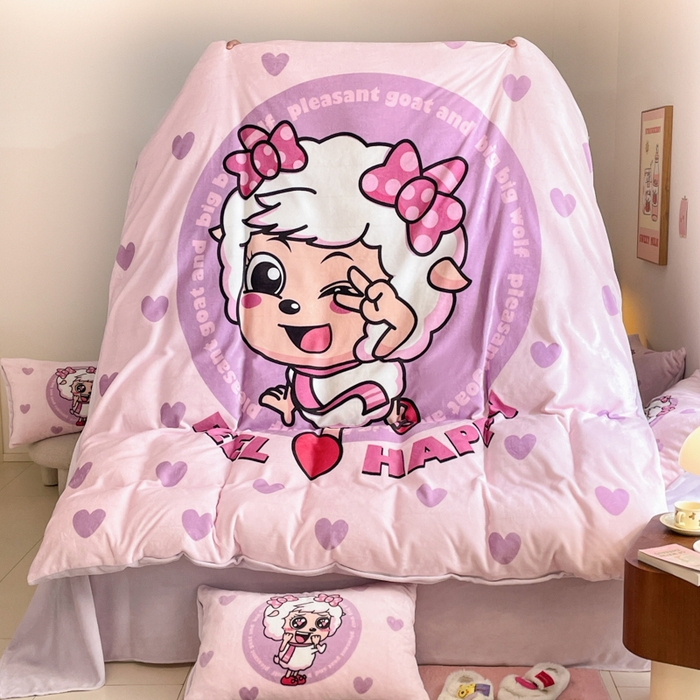 91家纺网 家纺一手货源 找家纺 鸿森林 2025新款牛奶绒大版数码印花喜羊羊与灰太狼系列四件套 青春时光