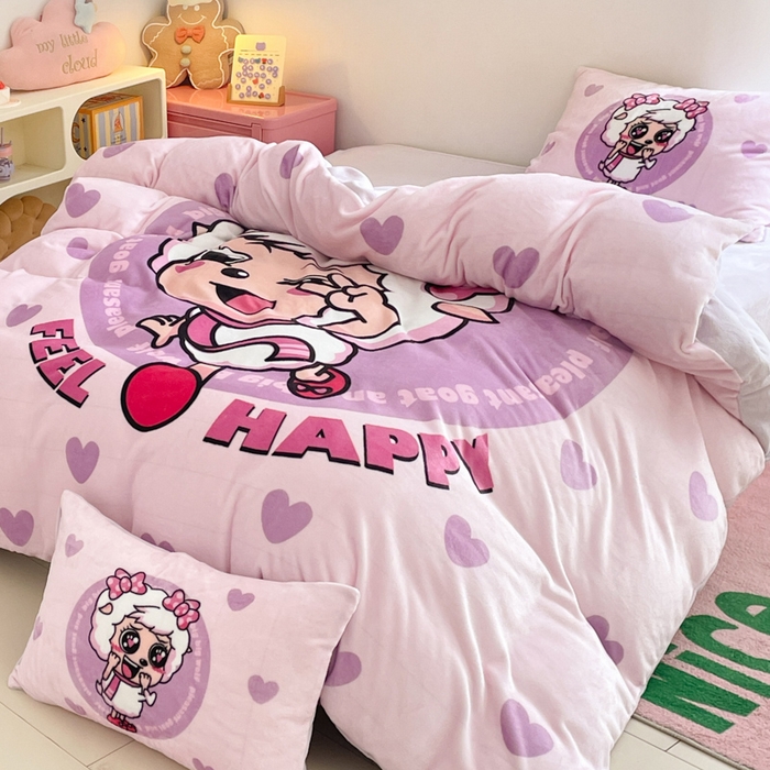 91家纺网 家纺一手货源 找家纺 鸿森林 2025新款牛奶绒大版数码印花喜羊羊与灰太狼系列四件套 青春时光