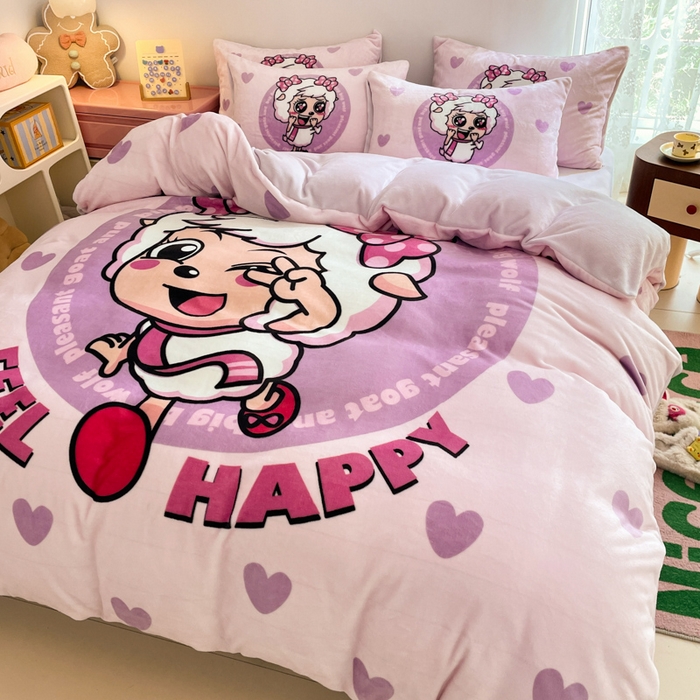 91家纺网 家纺一手货源 找家纺 鸿森林 2025新款牛奶绒大版数码印花喜羊羊与灰太狼系列四件套 青春时光