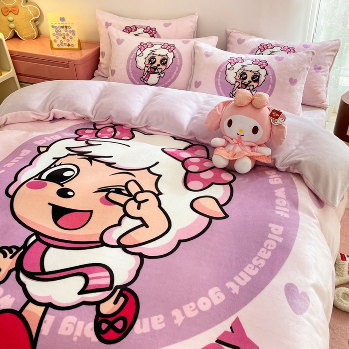 91家纺网 家纺一手货源 找家纺 鸿森林 2025新款牛奶绒大版数码印花喜羊羊与灰太狼系列四件套 青春时光