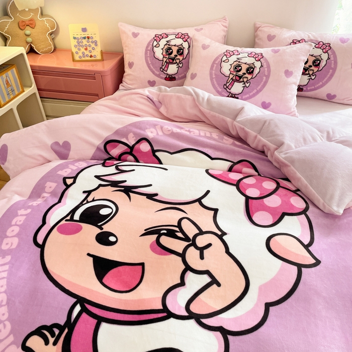 91家纺网 家纺一手货源 找家纺 鸿森林 2025新款牛奶绒大版数码印花喜羊羊与灰太狼系列四件套 青春时光