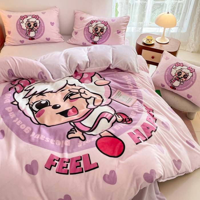 91家纺网 家纺一手货源 找家纺 鸿森林 2025新款牛奶绒大版数码印花喜羊羊与灰太狼系列四件套 青春时光