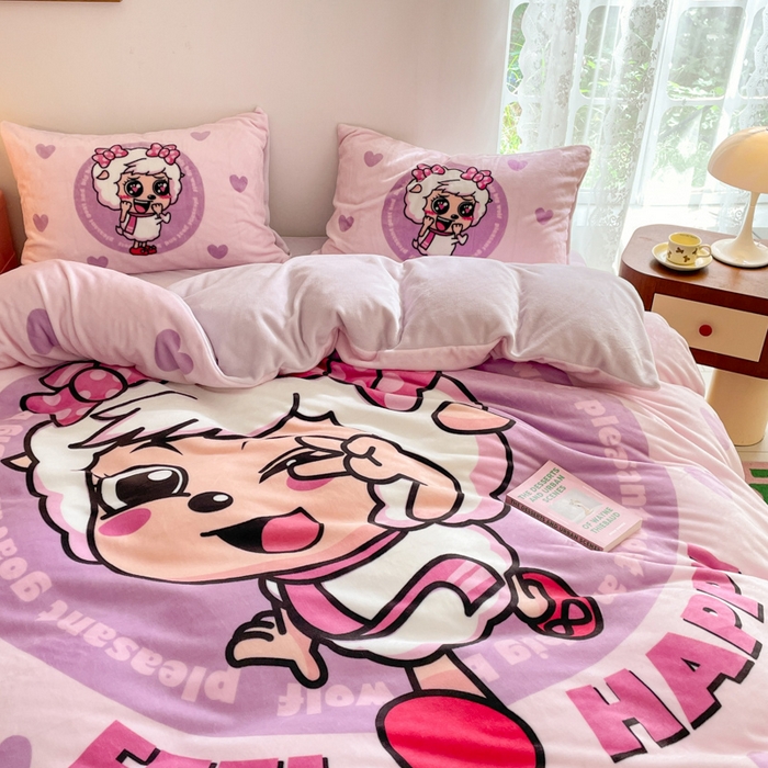 91家纺网 家纺一手货源 找家纺 鸿森林 2025新款牛奶绒大版数码印花喜羊羊与灰太狼系列四件套 青春时光