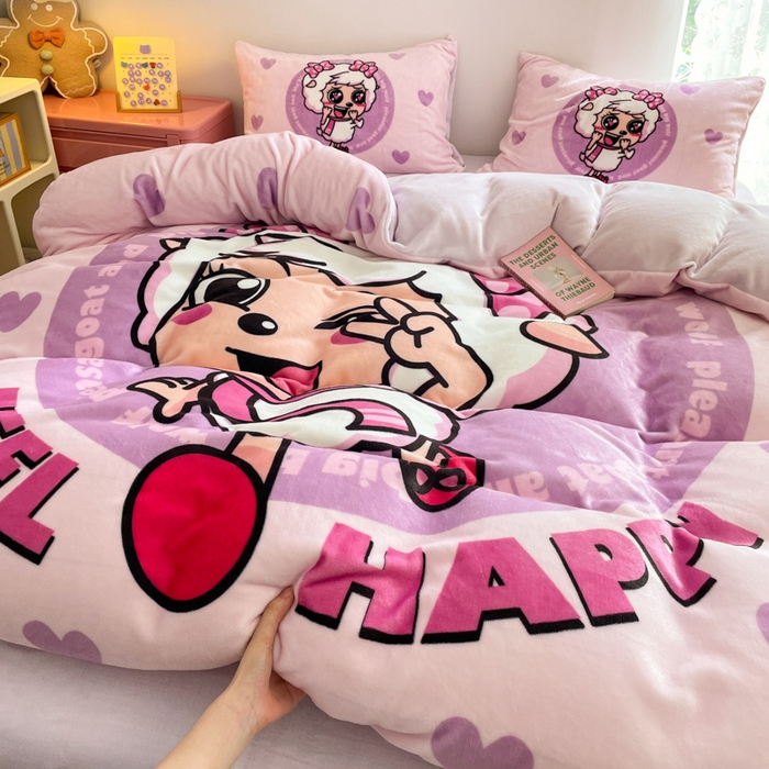 91家纺网 家纺一手货源 找家纺 鸿森林 2025新款牛奶绒大版数码印花喜羊羊与灰太狼系列四件套 青春时光