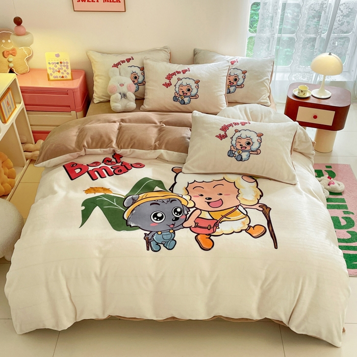 鸿森林 2025新款牛奶绒大版数码印花喜羊羊与灰太狼系列四件套 淘淘假日