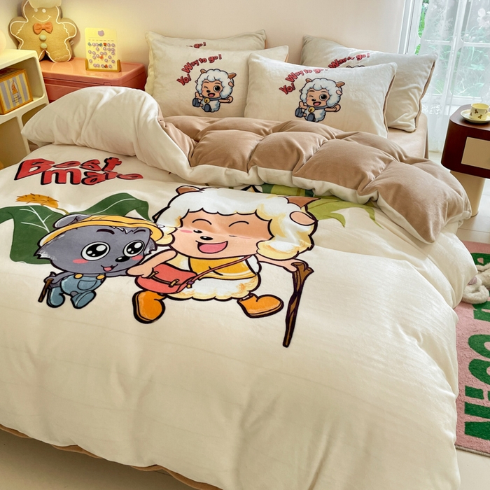 91家纺网 家纺一手货源 找家纺 鸿森林 2025新款牛奶绒大版数码印花喜羊羊与灰太狼系列四件套 淘淘假日