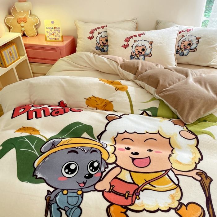 91家纺网 家纺一手货源 找家纺 鸿森林 2025新款牛奶绒大版数码印花喜羊羊与灰太狼系列四件套 淘淘假日