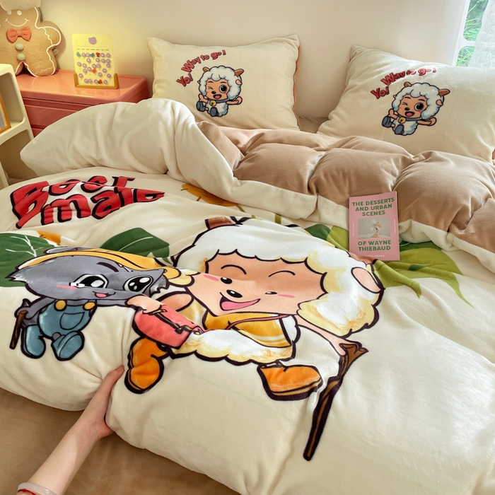 91家纺网 家纺一手货源 找家纺 鸿森林 2025新款牛奶绒大版数码印花喜羊羊与灰太狼系列四件套 淘淘假日