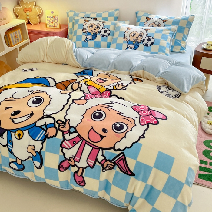 91家纺网 家纺一手货源 找家纺 鸿森林 2025新款牛奶绒大版数码印花喜羊羊与灰太狼系列四件套 体育之星