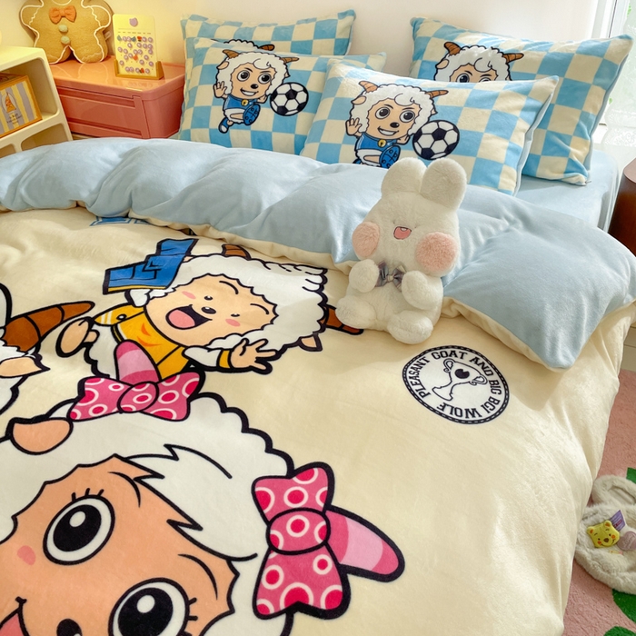 91家纺网 家纺一手货源 找家纺 鸿森林 2025新款牛奶绒大版数码印花喜羊羊与灰太狼系列四件套 体育之星