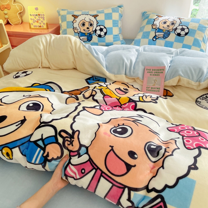 91家纺网 家纺一手货源 找家纺 鸿森林 2025新款牛奶绒大版数码印花喜羊羊与灰太狼系列四件套 体育之星