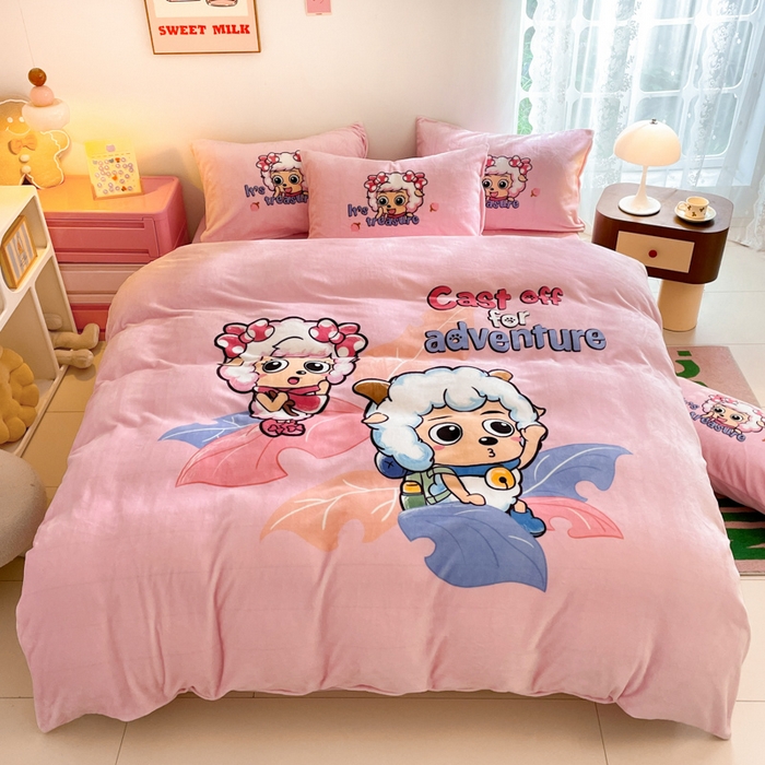 91家纺网 家纺一手货源 找家纺 鸿森林 2025新款牛奶绒大版数码印花喜羊羊与灰太狼系列四件套 甜心伙伴