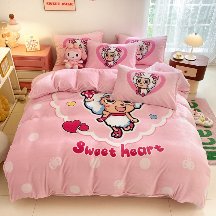 鸿森林 2025新款牛奶绒大版数码印花喜羊羊与灰太狼系列四件套 甜心美羊羊