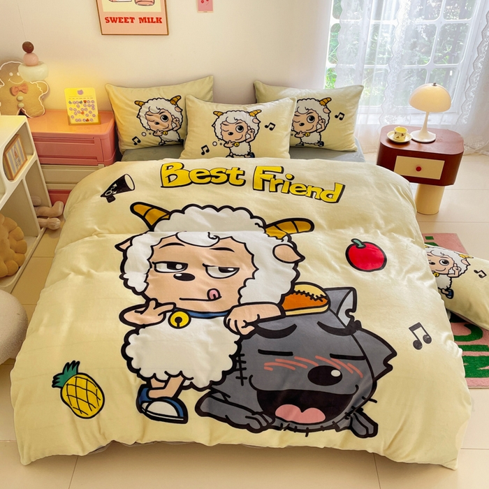 91家纺网 家纺一手货源 找家纺 鸿森林 2025新款牛奶绒大版数码印花喜羊羊与灰太狼系列四件套 铁杆萌友