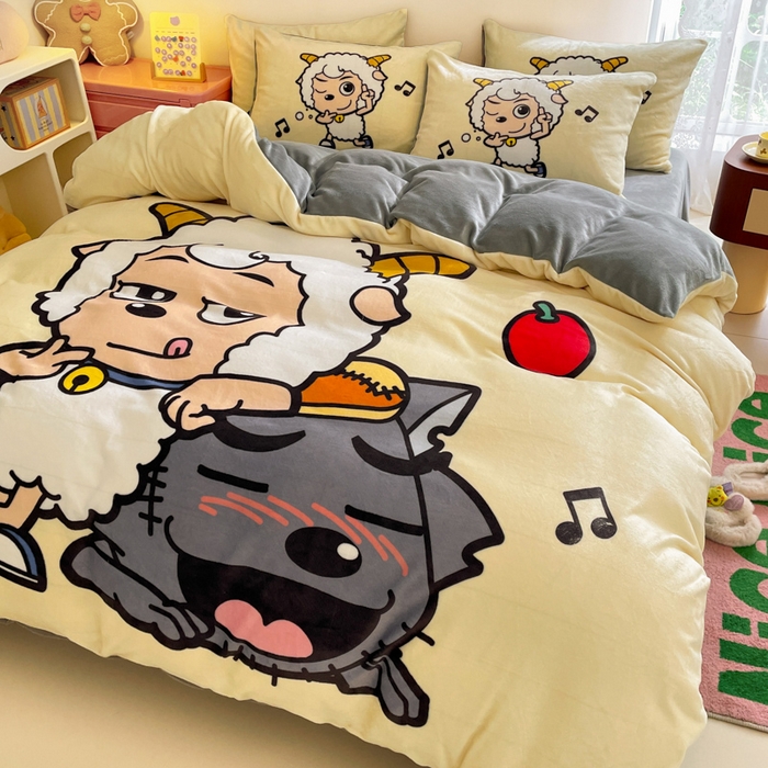 91家纺网 家纺一手货源 找家纺 鸿森林 2025新款牛奶绒大版数码印花喜羊羊与灰太狼系列四件套 铁杆萌友