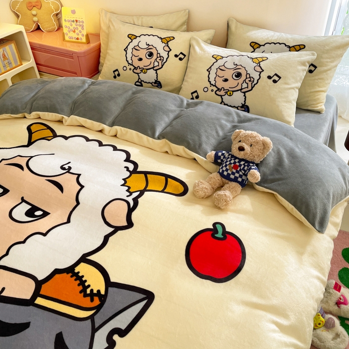 91家纺网 家纺一手货源 找家纺 鸿森林 2025新款牛奶绒大版数码印花喜羊羊与灰太狼系列四件套 铁杆萌友