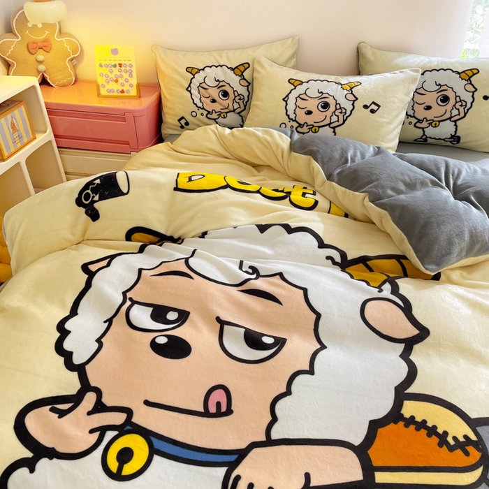 91家纺网 家纺一手货源 找家纺 鸿森林 2025新款牛奶绒大版数码印花喜羊羊与灰太狼系列四件套 铁杆萌友