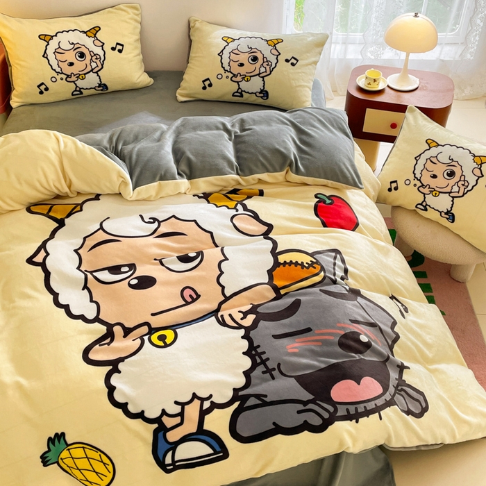 91家纺网 家纺一手货源 找家纺 鸿森林 2025新款牛奶绒大版数码印花喜羊羊与灰太狼系列四件套 铁杆萌友