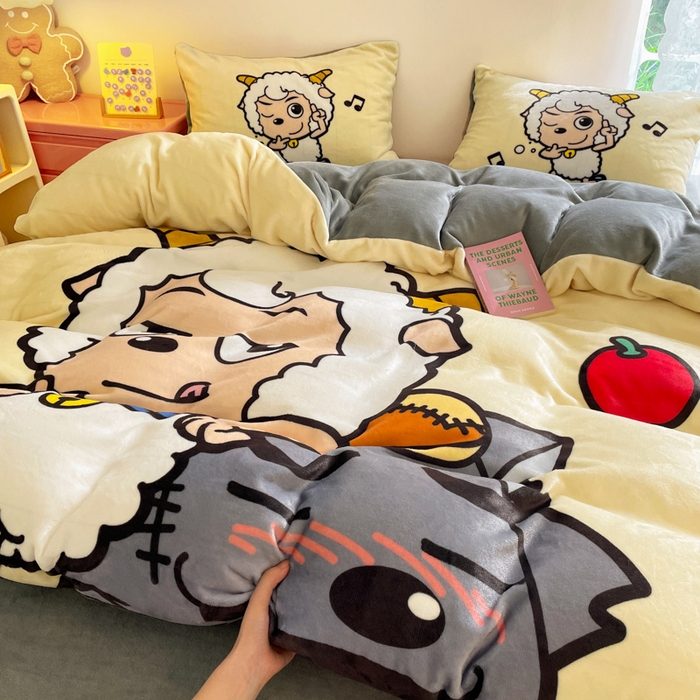 91家纺网 家纺一手货源 找家纺 鸿森林 2025新款牛奶绒大版数码印花喜羊羊与灰太狼系列四件套 铁杆萌友