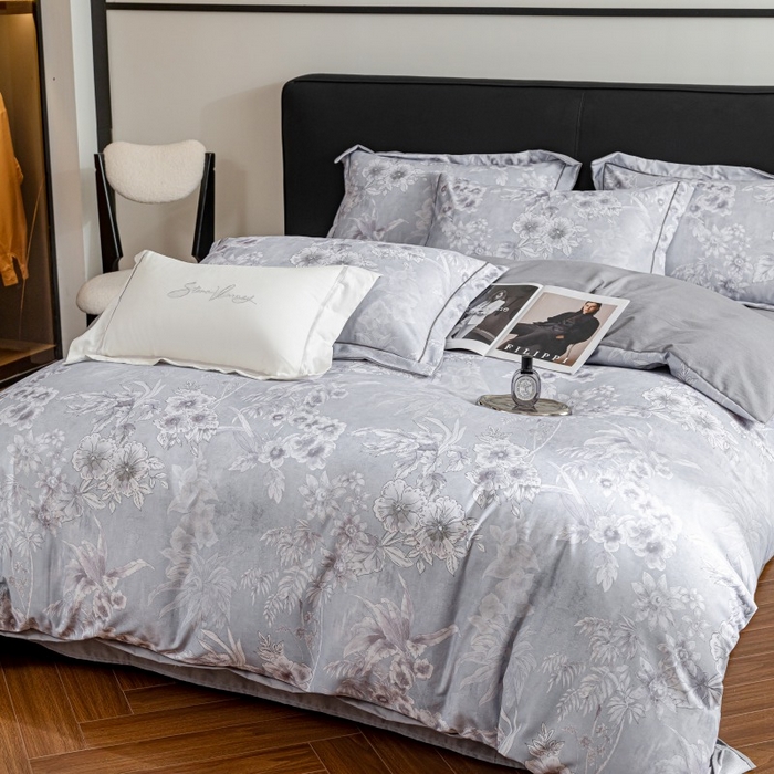 91家纺网 家纺一手货源 找家纺 鸿森林 2025新款全棉纯棉磨毛印花四件套 露西-灰