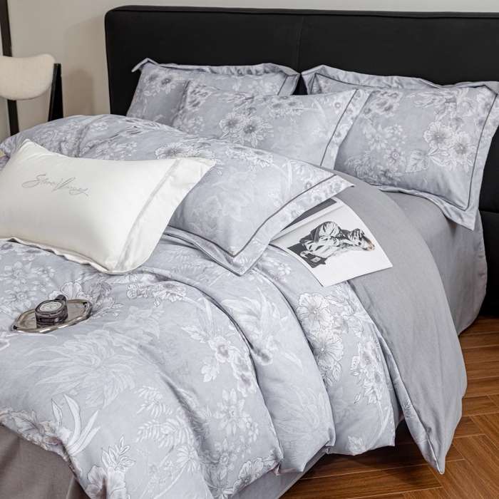 91家纺网 家纺一手货源 找家纺 鸿森林 2025新款全棉纯棉磨毛印花四件套 露西-灰