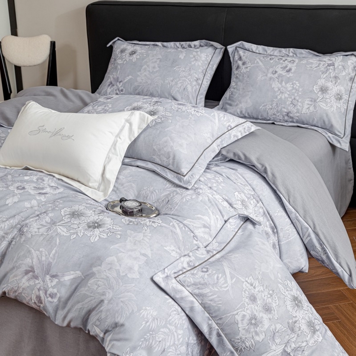 91家纺网 家纺一手货源 找家纺 鸿森林 2025新款全棉纯棉磨毛印花四件套 露西-灰