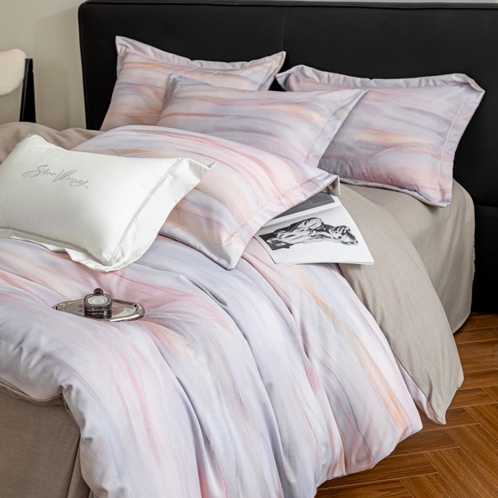 91家纺网 家纺一手货源 找家纺 鸿森林 2025新款全棉纯棉磨毛印花四件套 律动-粉